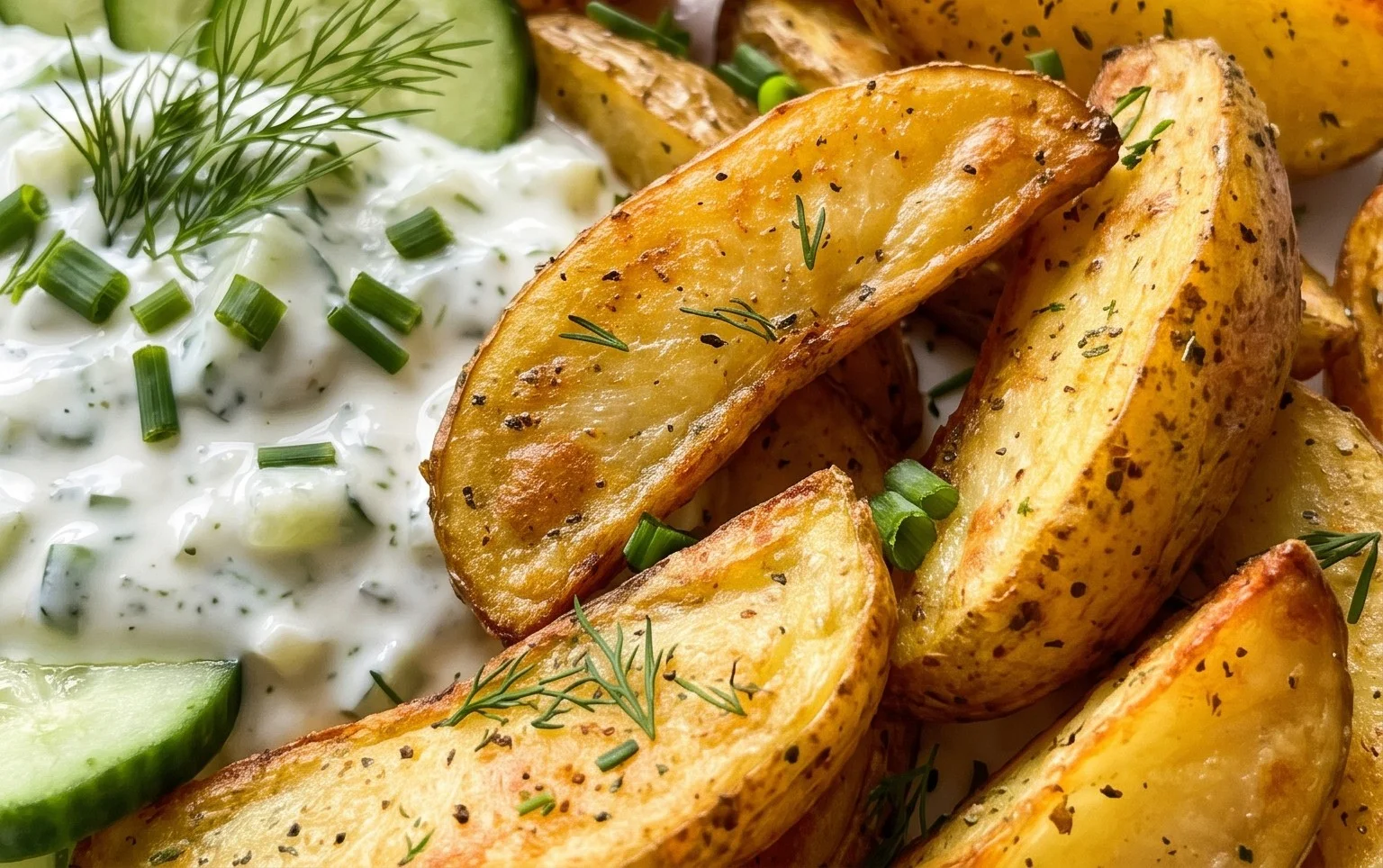 Kartoffelspalten mit Gurkendip