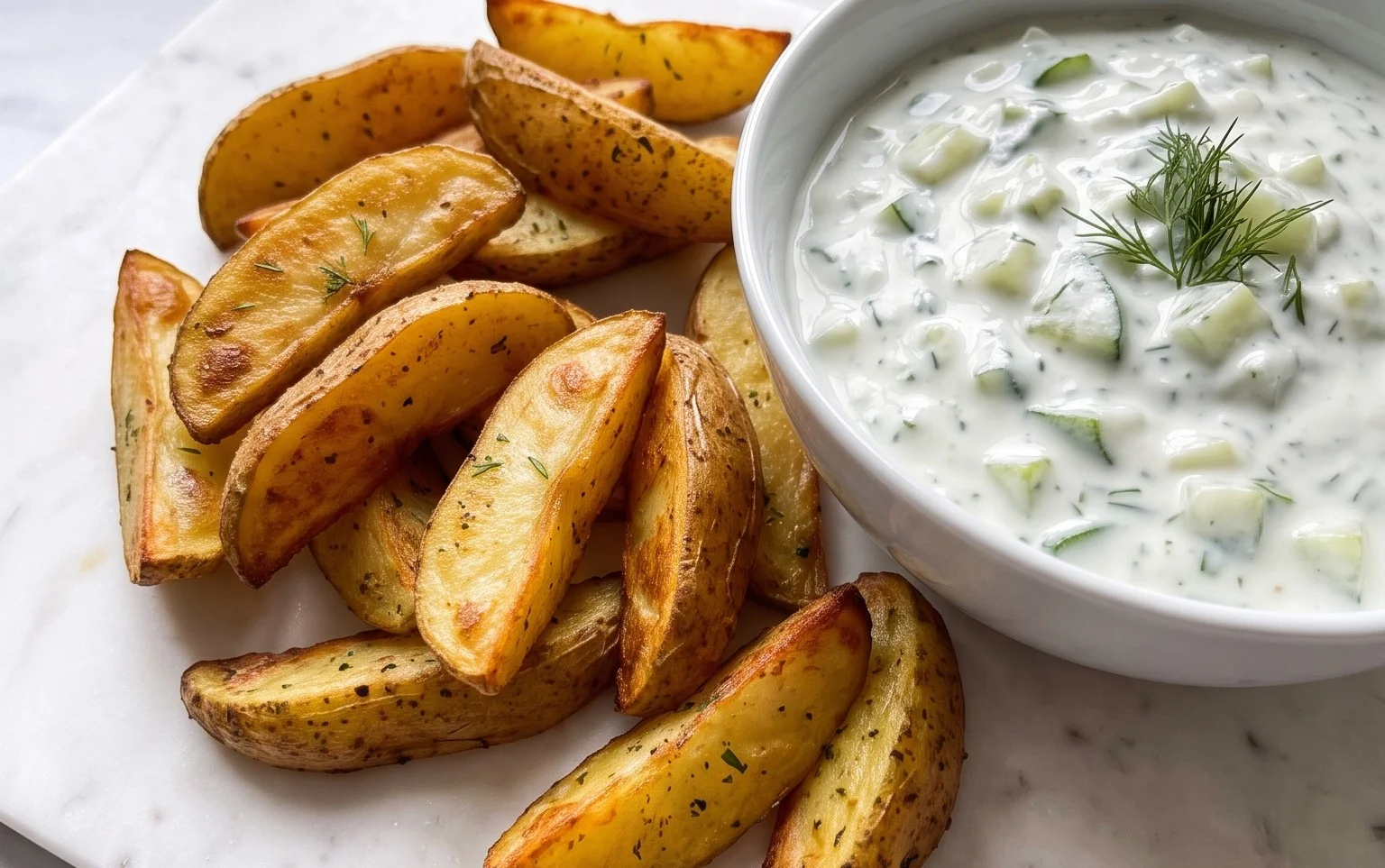 Kartoffelspalten mit Gurkendip