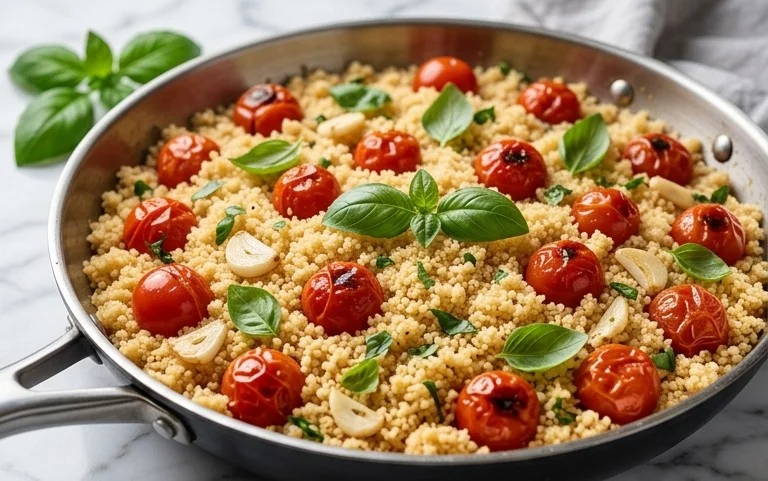 Healthy One-Pan Couscous With Garlic, Tomatoes And Basil