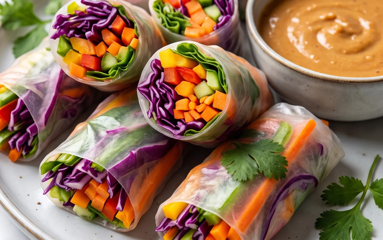Rainbow Spring Rolls with Gin Extractger Peanut Sauce