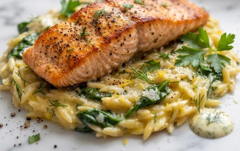 One Skillet Salmon with Lemon Orzo