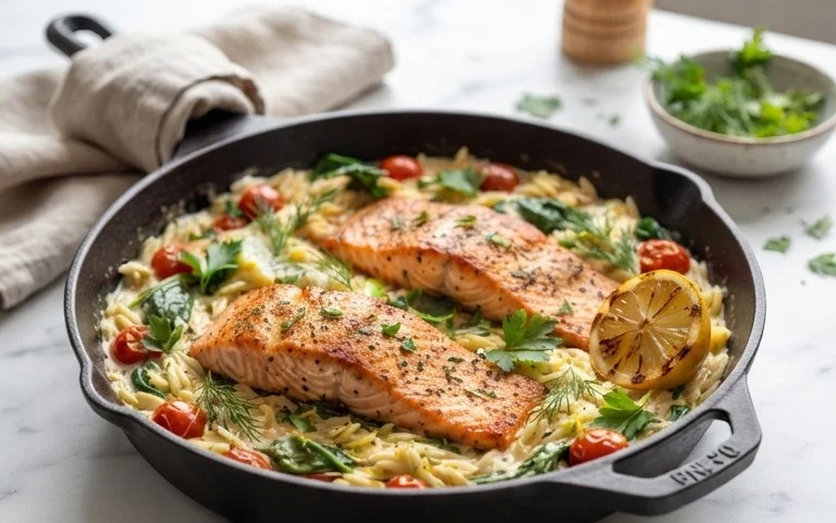 One Skillet Salmon with Lemon Orzo