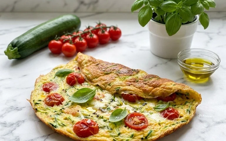 Zucchini-Omelett mit Tomaten und Basilikum
